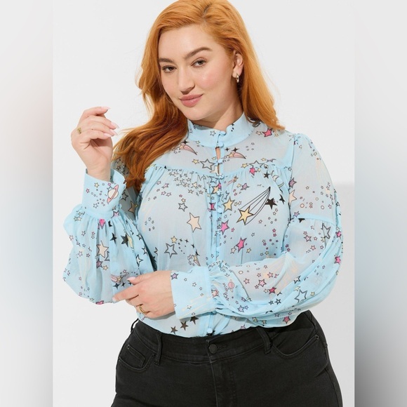 Torrid Cosmic Chiffon Button-Up Bishop Sleeve Blouse—NWT - Picture 4 of 7